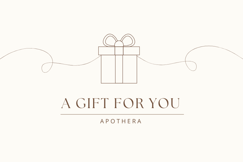ApoThera digital gift card design with a minimalist gift box illustration and the message 'A Gift for You'—perfect for sharing moments of calm and care.