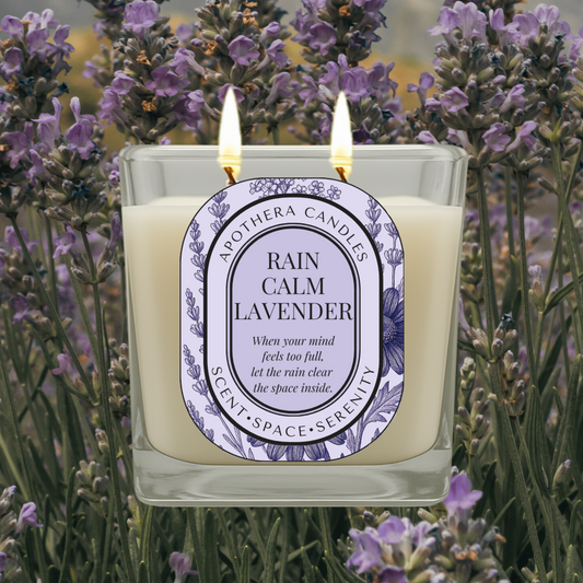 Lit Rain Calm Lavender candle by ApoThera nestled in a blooming lavender field, offering a peaceful ritual for mental clarity and emotional stillness.