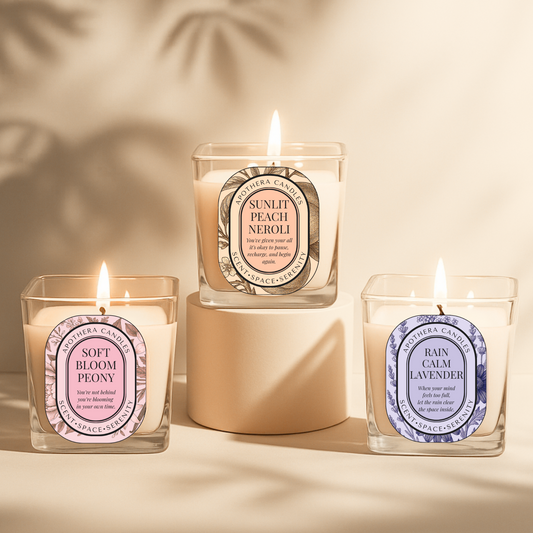 ApoThera’s lit Rebalance Ritual Candle Trio featuring Soft Bloom Peony, Sunlit Peach Neroli, and Rain Calm Lavender—illuminated in a warm, serene display for self-love rituals.