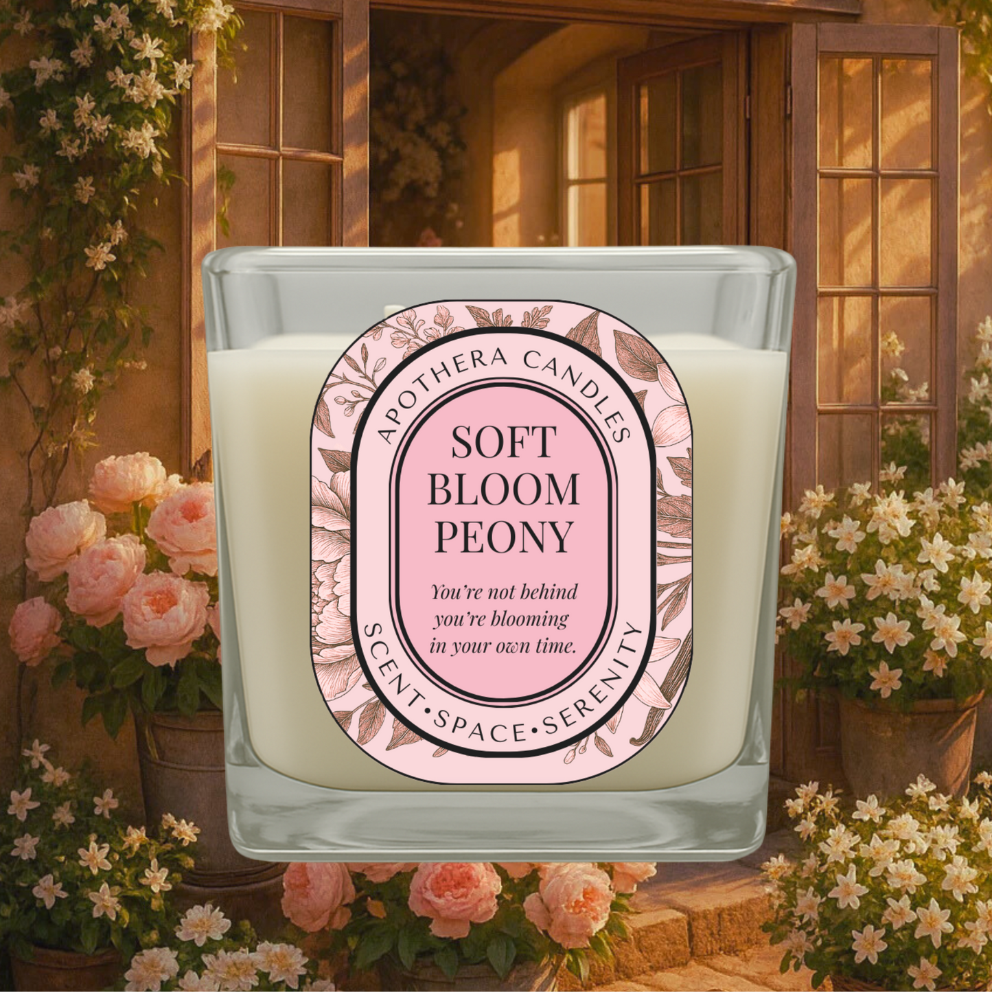 Soft Bloom Peony candle by ApoThera placed in a blooming peony garden by a cozy window, evoking a gentle ritual of self-worth and emotional growth.